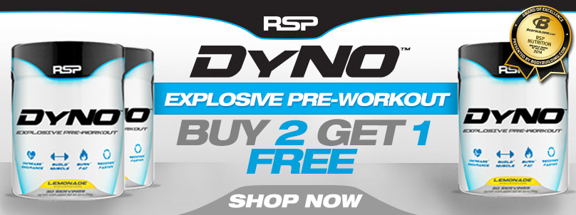 For a limited time, buy 2 RSP Nutrition DYNO and get 1 FREE. Hurry while supplies last!